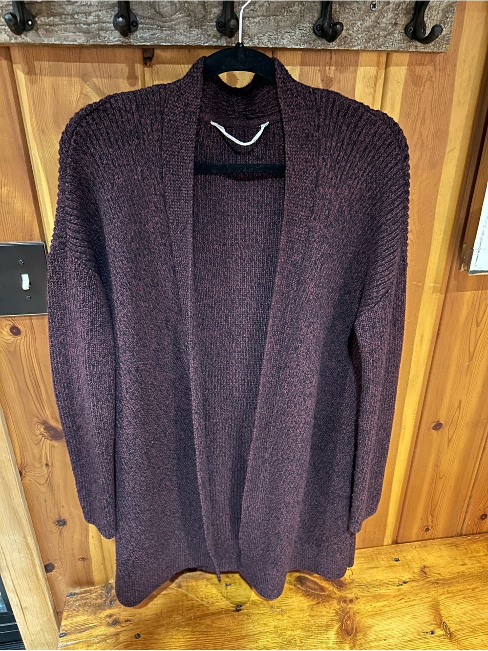 Athleta Open Front Cardigan Heathered Plum Black Chunky Ribbed Knit Shawl Collar